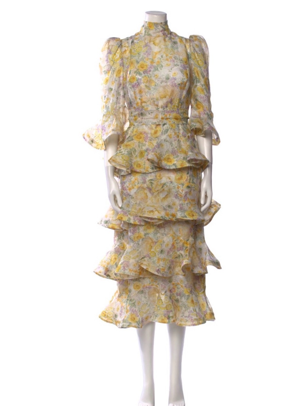 Zimmermann Yellow Floral Tiered Ruffle Midi Dress